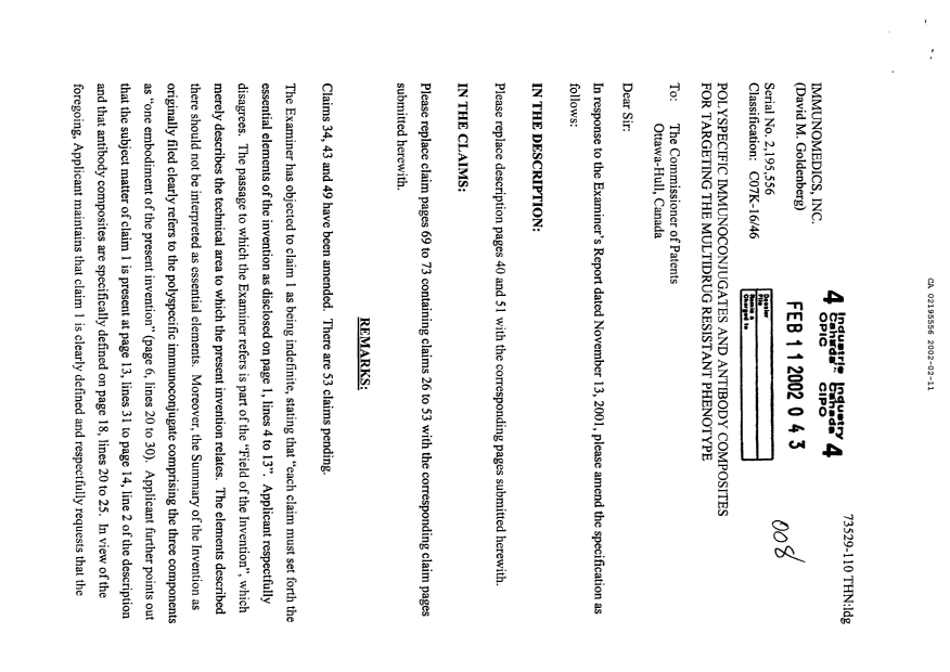 Canadian Patent Document 2195556. Prosecution-Amendment 20020211. Image 1 of 9