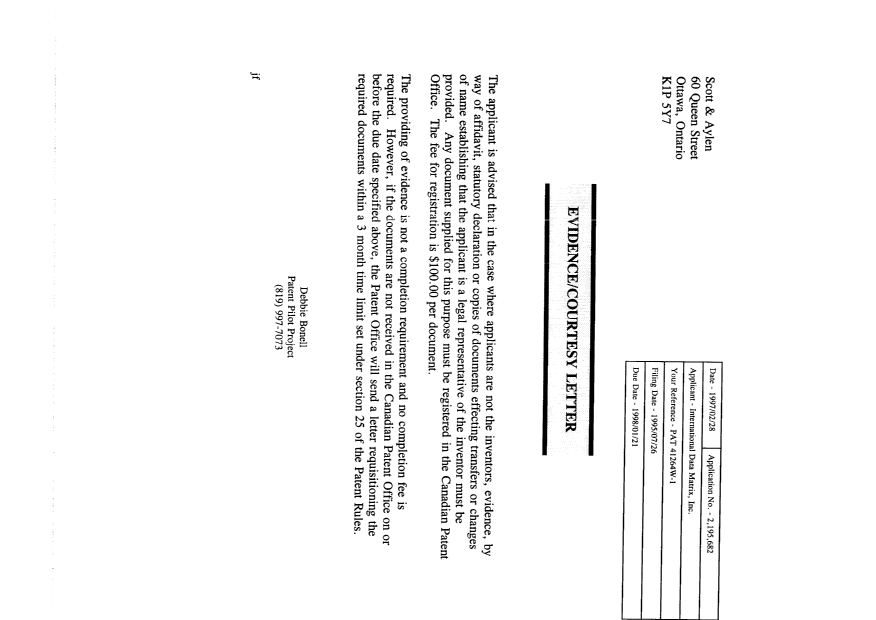 Document de brevet canadien 2195682. Correspondance 19961228. Image 1 de 1