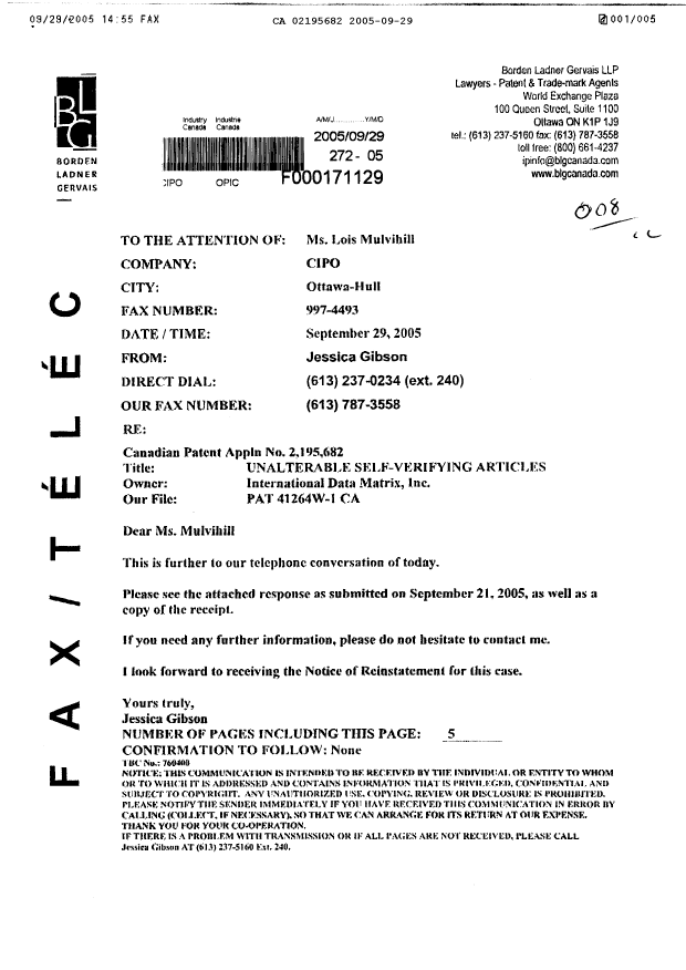Canadian Patent Document 2195682. Prosecution-Amendment 20041229. Image 1 of 5