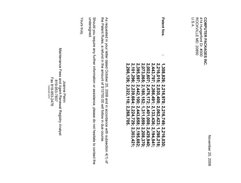 Document de brevet canadien 2195682. Correspondance 20081120. Image 1 de 1