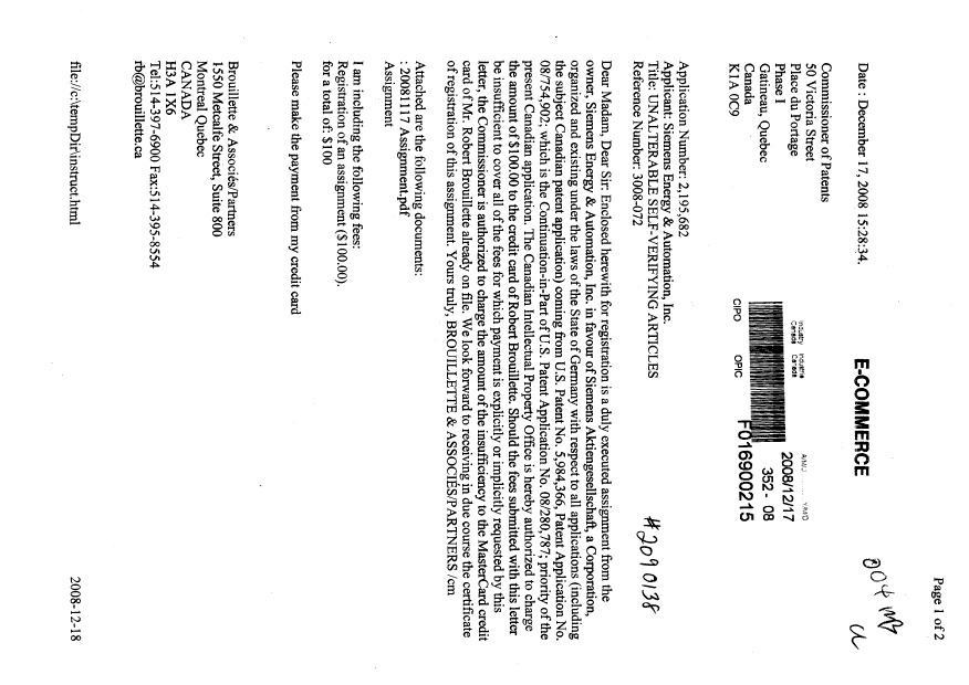 Document de brevet canadien 2195682. Cession 20081217. Image 1 de 4