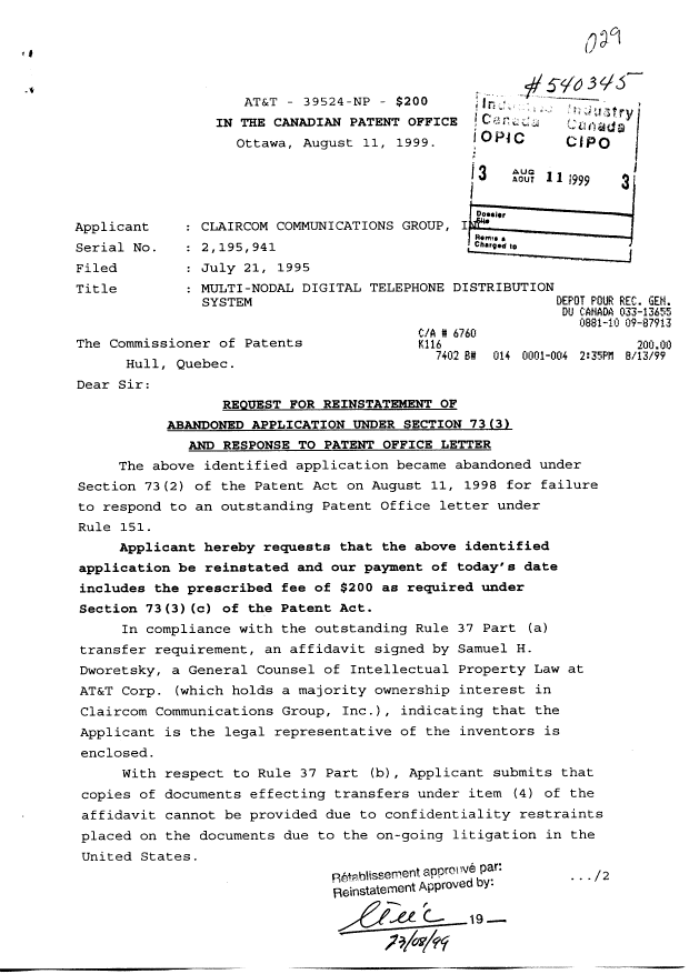 Canadian Patent Document 2195941. Correspondence 19990811. Image 1 of 3