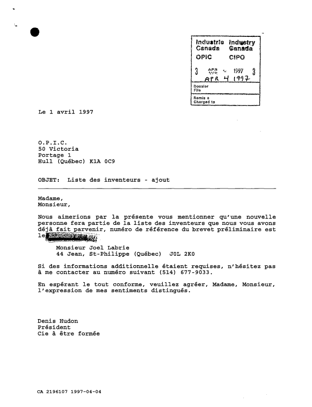 Document de brevet canadien 2196107. Correspondance reliée au PCT 19970404. Image 1 de 1