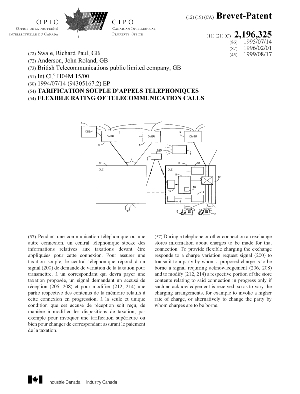 Document de brevet canadien 2196325. Page couverture 19990810. Image 1 de 1