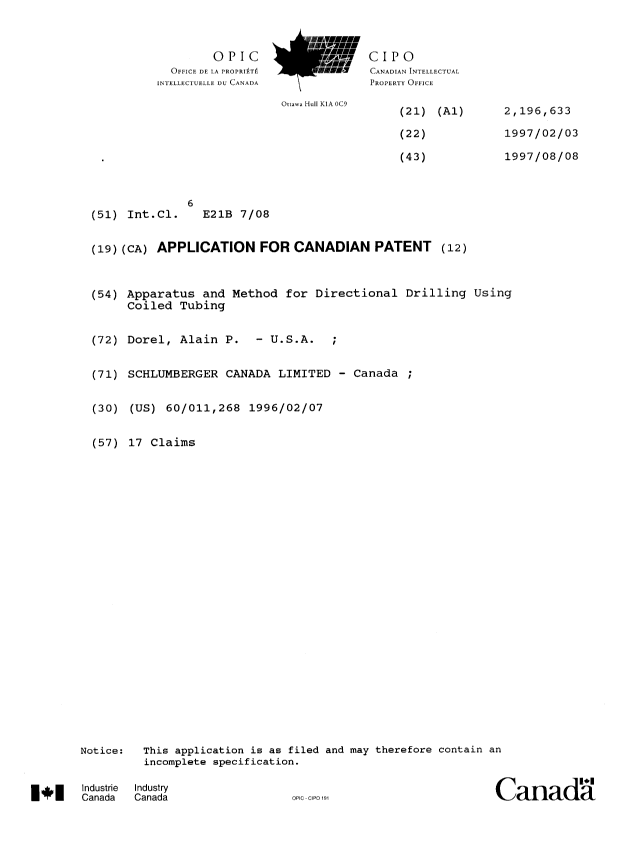 Canadian Patent Document 2196633. Cover Page 19970509. Image 1 of 1