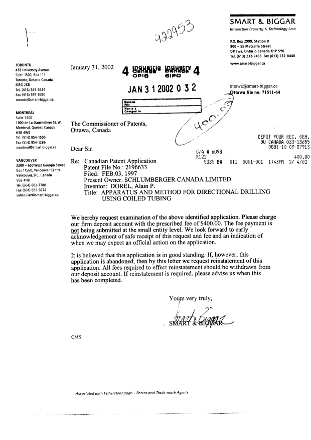 Canadian Patent Document 2196633. Prosecution-Amendment 20020131. Image 1 of 1