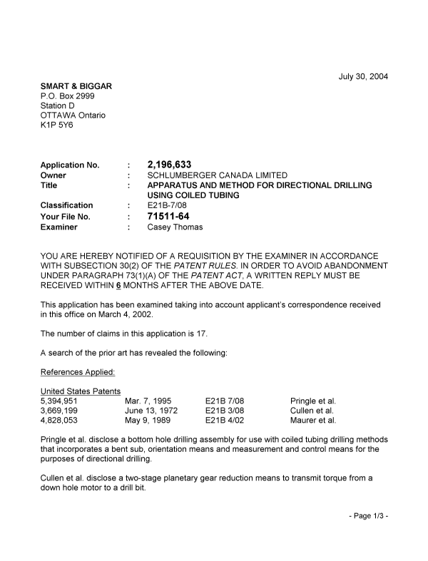 Canadian Patent Document 2196633. Prosecution-Amendment 20040730. Image 1 of 3