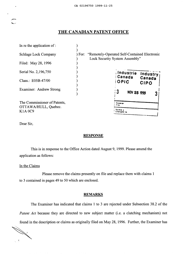 Canadian Patent Document 2196750. Prosecution-Amendment 19991125. Image 1 of 3
