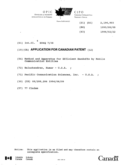 Canadian Patent Document 2196903. Cover Page 19980603. Image 1 of 1