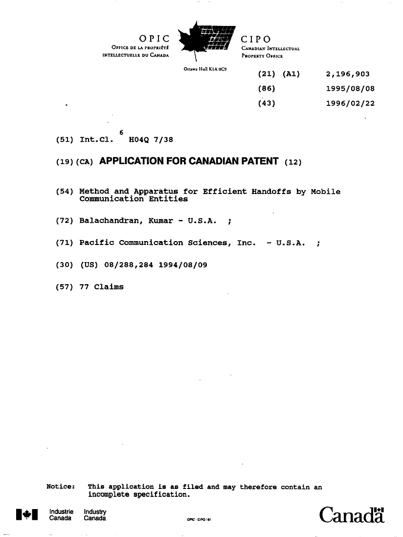 Canadian Patent Document 2196903. Cover Page 19980603. Image 1 of 1