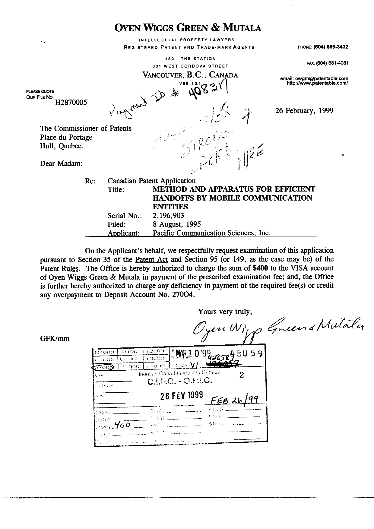 Canadian Patent Document 2196903. Prosecution-Amendment 19990226. Image 1 of 1