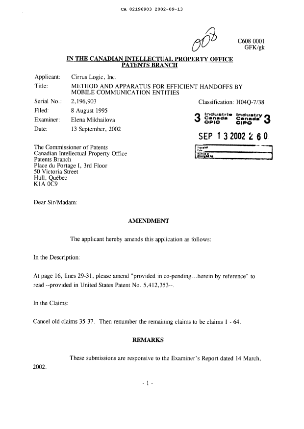 Canadian Patent Document 2196903. Prosecution-Amendment 20020913. Image 1 of 18