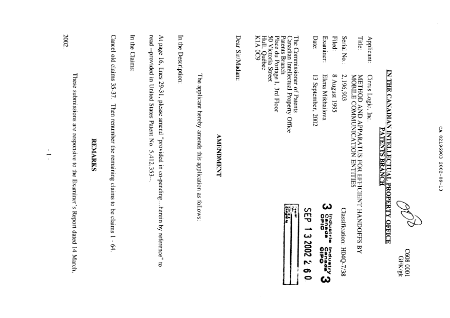 Canadian Patent Document 2196903. Prosecution-Amendment 20020913. Image 1 of 18