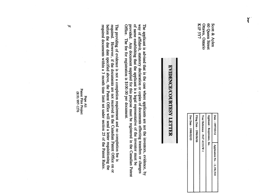 Document de brevet canadien 2196918. Correspondance 19961212. Image 1 de 1
