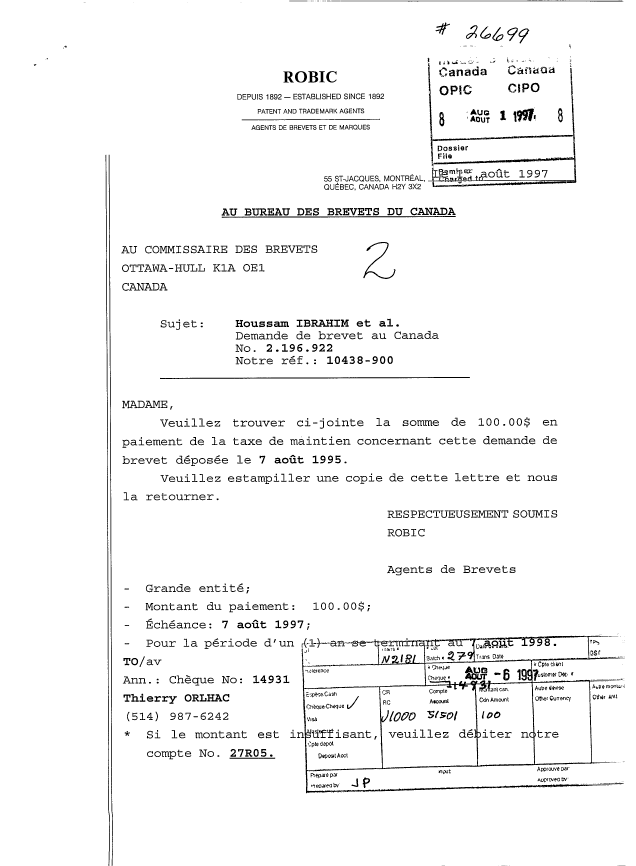Document de brevet canadien 2196922. Taxes 19970801. Image 1 de 1