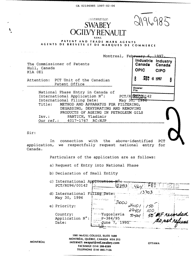 Canadian Patent Document 2196985. Fees 19970206. Image 1 of 1