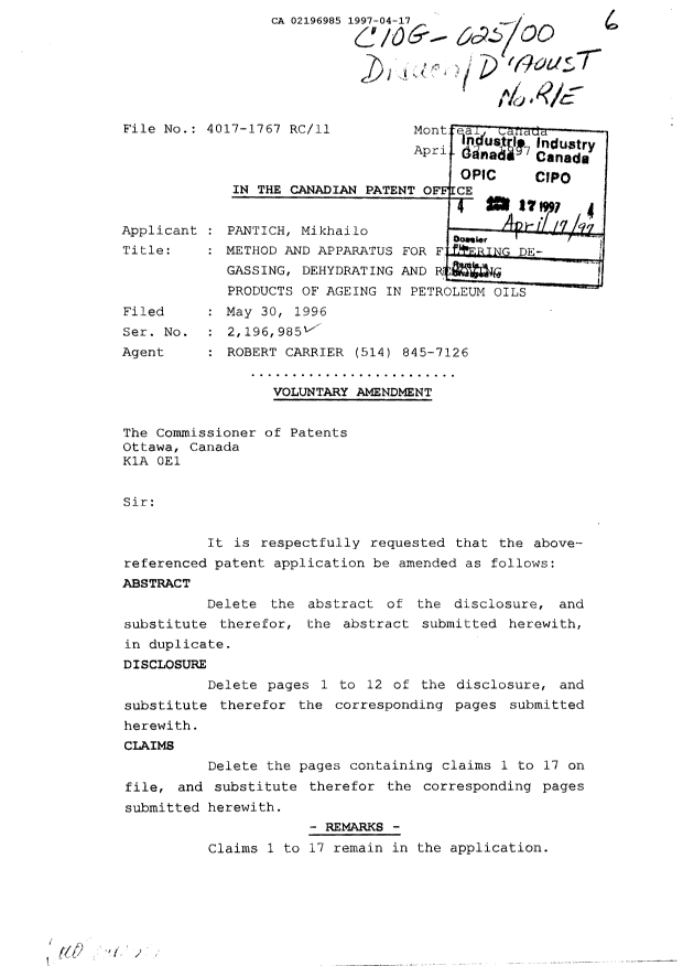 Canadian Patent Document 2196985. Prosecution-Amendment 19970417. Image 1 of 20