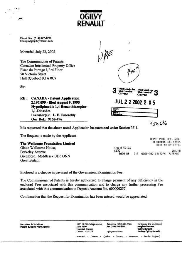 Canadian Patent Document 2197099. Prosecution-Amendment 20020722. Image 1 of 2