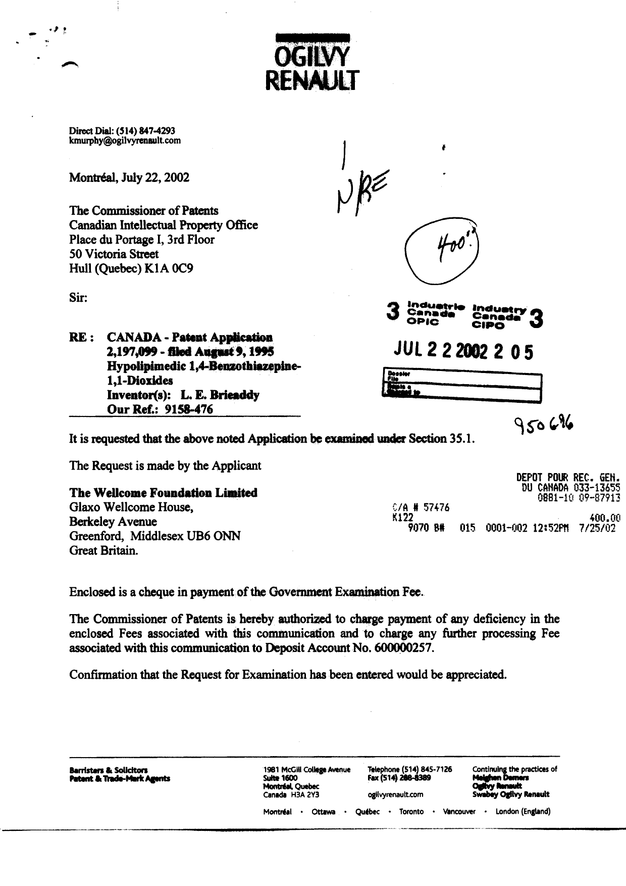 Canadian Patent Document 2197099. Prosecution-Amendment 20020722. Image 1 of 2
