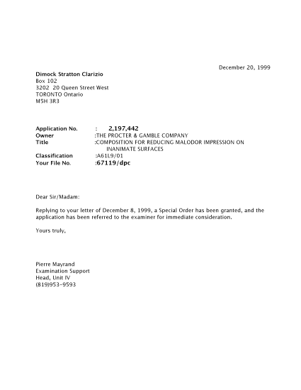 Document de brevet canadien 2197442. Poursuite-Amendment 19991220. Image 1 de 1