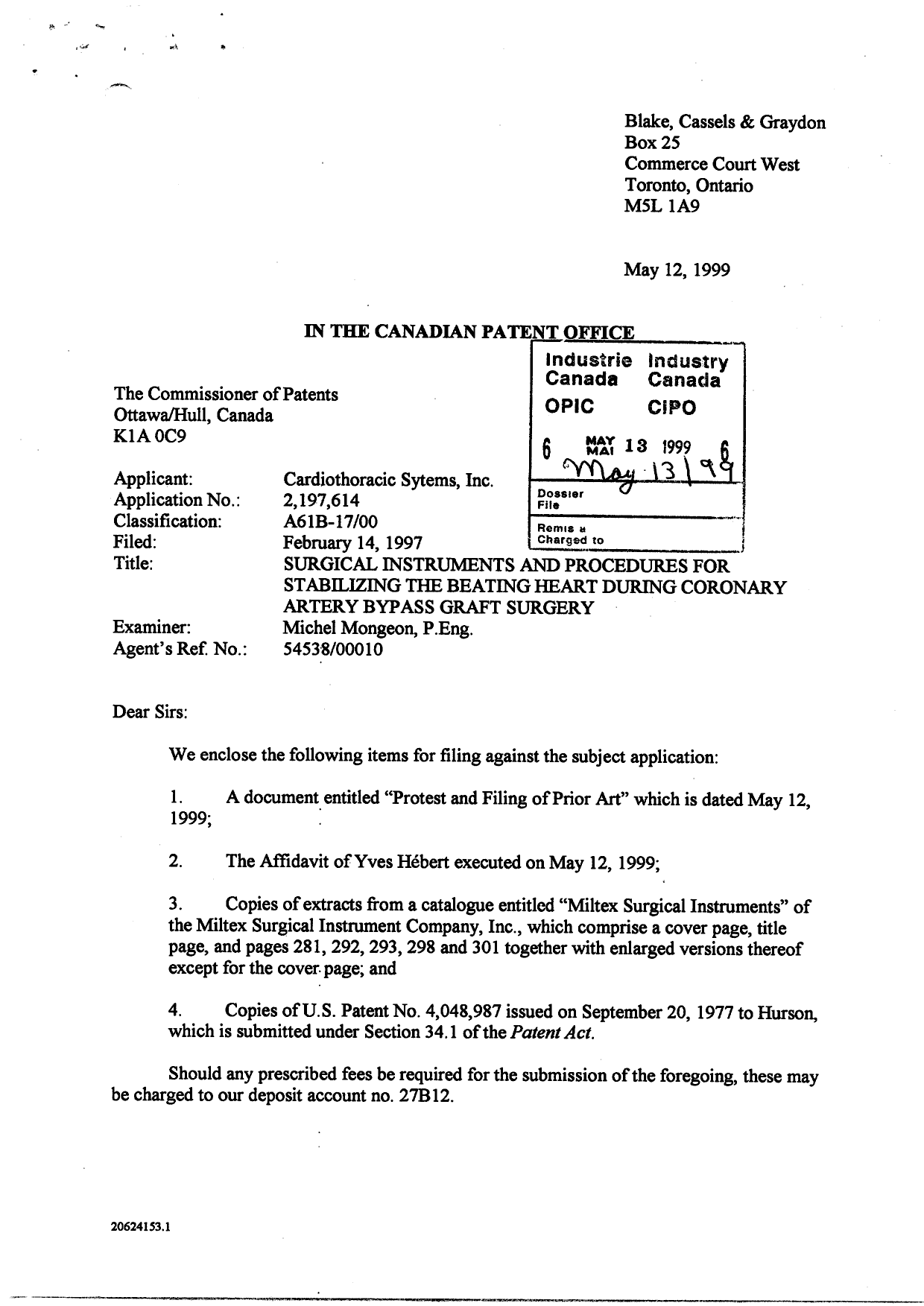 Canadian Patent Document 2197614. Prosecution-Amendment 19990513. Image 1 of 8