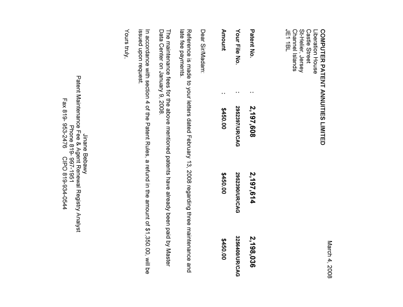 Canadian Patent Document 2197614. Correspondence 20080304. Image 1 of 1