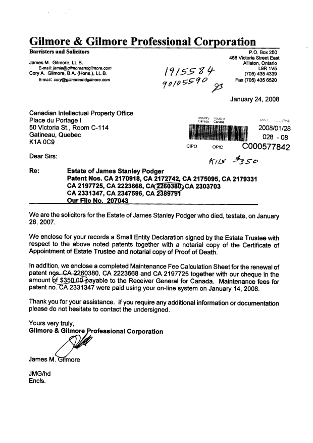 Document de brevet canadien 2197725. Correspondance 20080128. Image 1 de 13