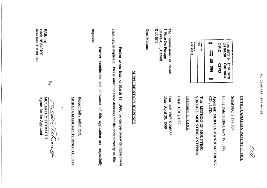 Canadian Patent Document 2197939. Prosecution-Amendment 19990420. Image 1 of 8
