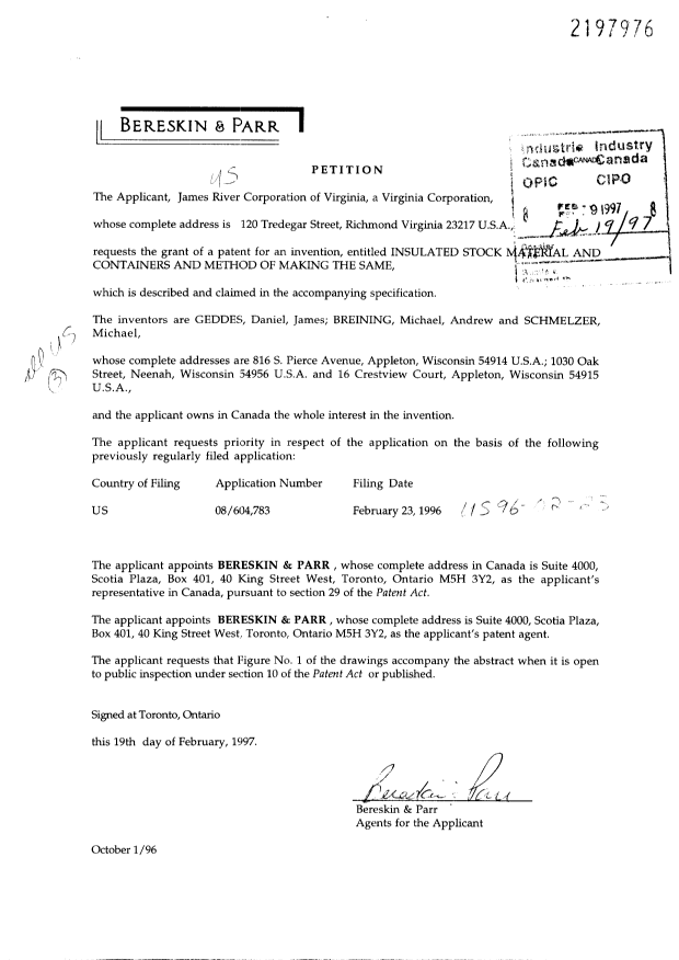 Canadian Patent Document 2197976. Assignment 19970219. Image 2 of 9