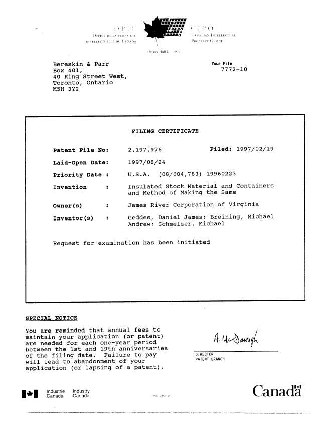Canadian Patent Document 2197976. Assignment 19970219. Image 9 of 9