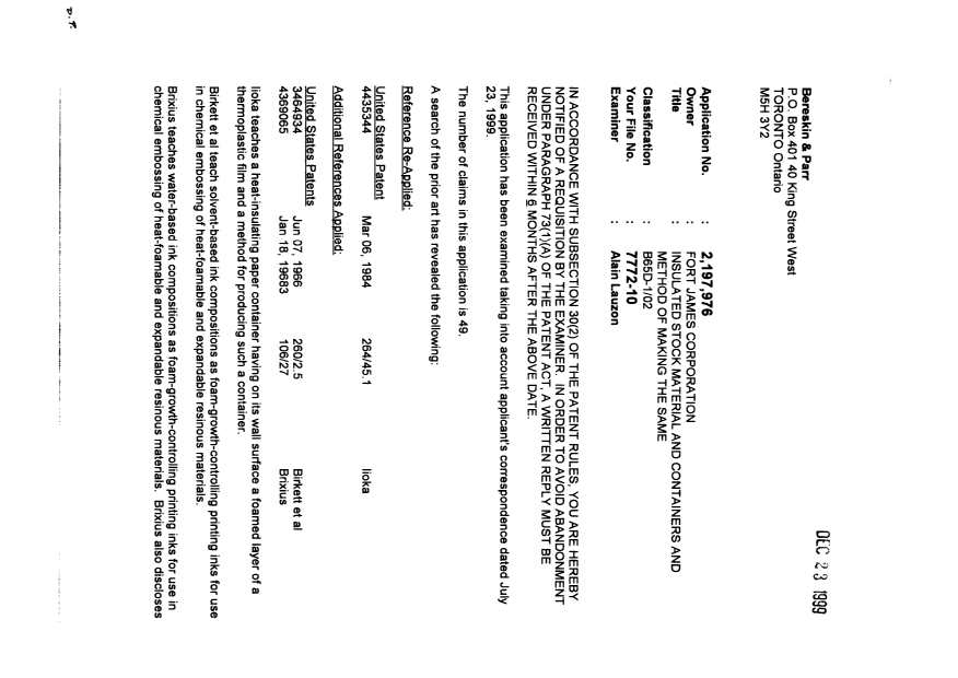 Canadian Patent Document 2197976. Prosecution-Amendment 19991223. Image 1 of 3