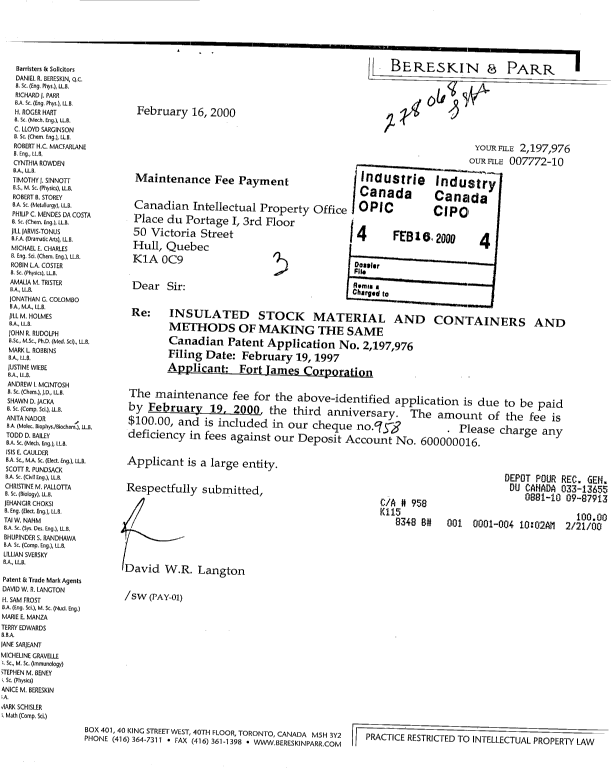 Document de brevet canadien 2197976. Taxes 20000216. Image 1 de 1