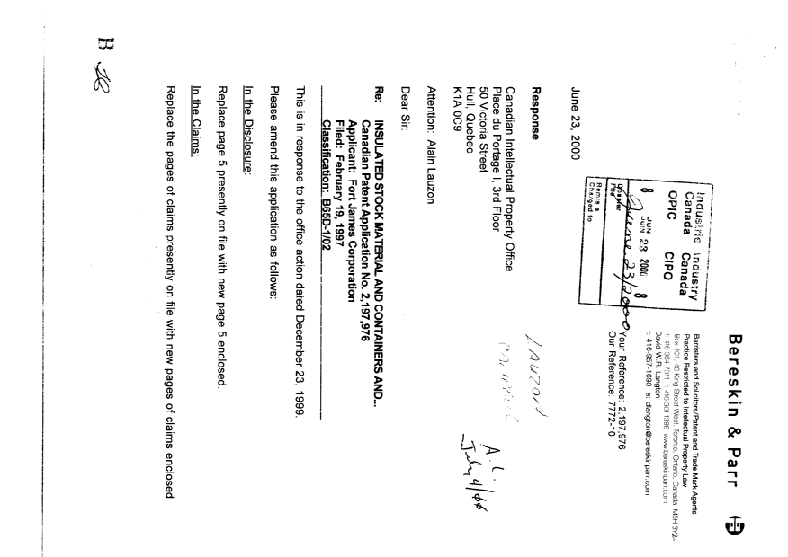 Canadian Patent Document 2197976. Prosecution-Amendment 20000623. Image 1 of 14