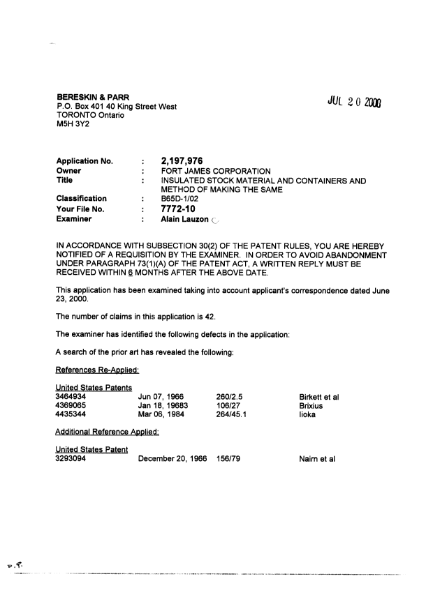 Canadian Patent Document 2197976. Prosecution-Amendment 20000720. Image 1 of 4