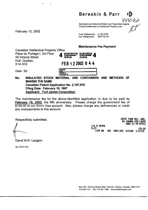 Document de brevet canadien 2197976. Taxes 20020212. Image 1 de 1