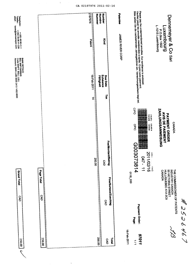 Document de brevet canadien 2197976. Taxes 20110216. Image 1 de 1