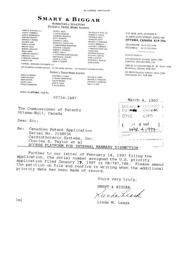 Document de brevet canadien 2198036. Correspondance reliée aux formalités 19970304. Image 1 de 1