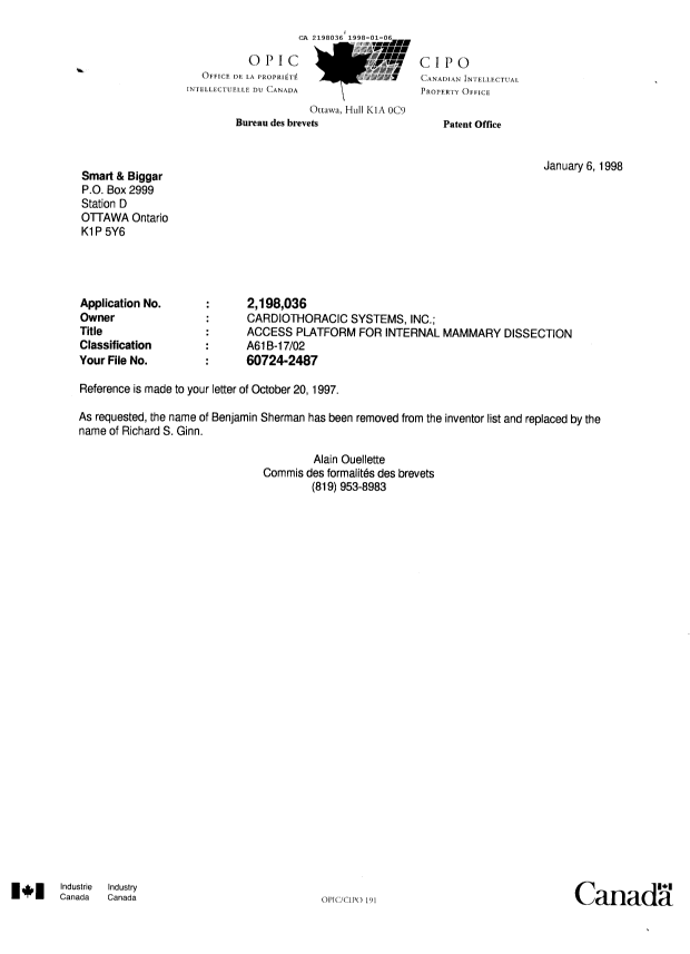 Document de brevet canadien 2198036. Correspondance reliée aux formalités 19980106. Image 1 de 1