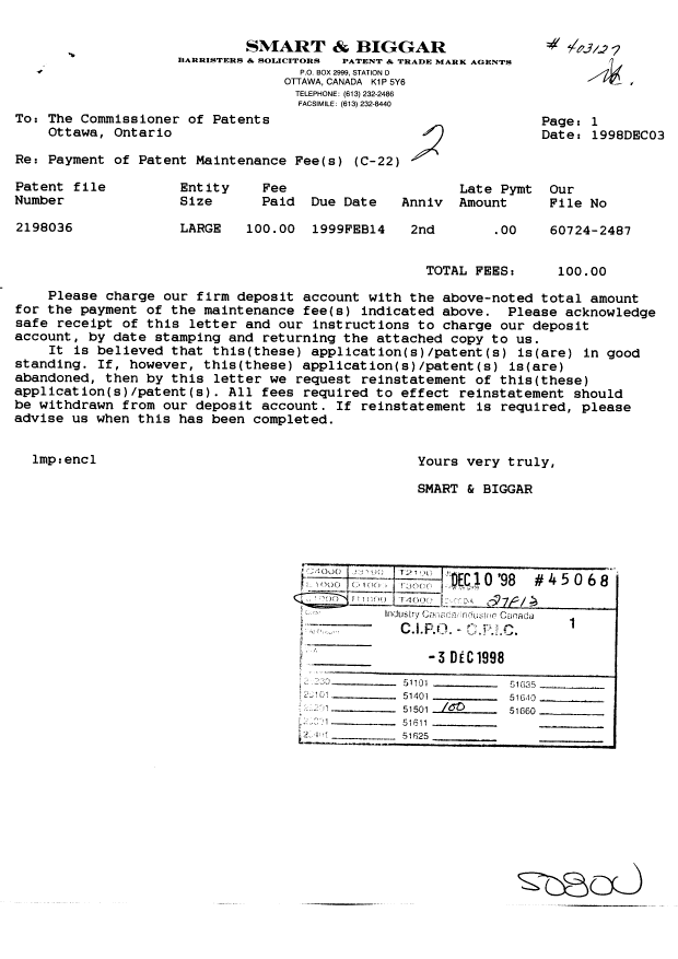 Canadian Patent Document 2198036. Fees 19981203. Image 1 of 1