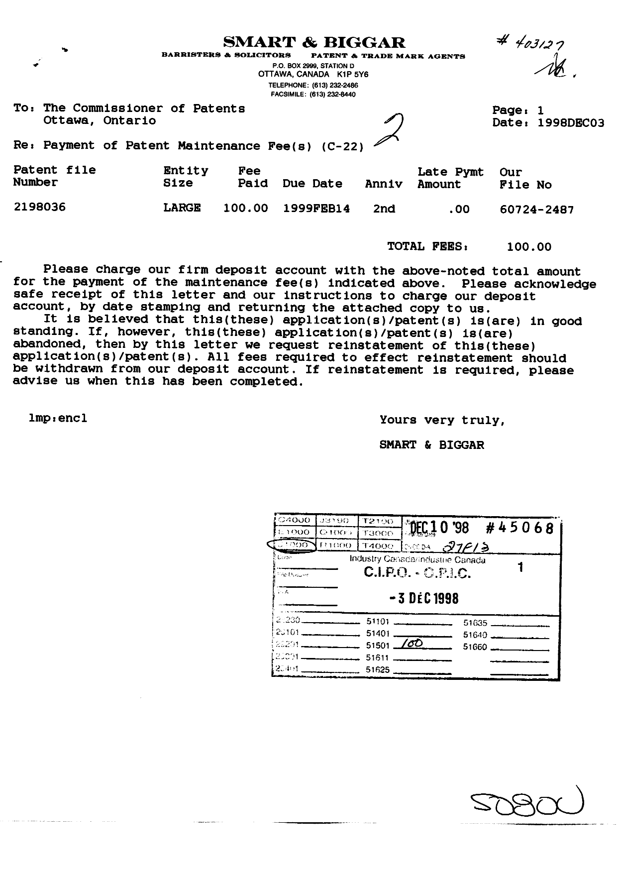 Canadian Patent Document 2198036. Fees 19981203. Image 1 of 1
