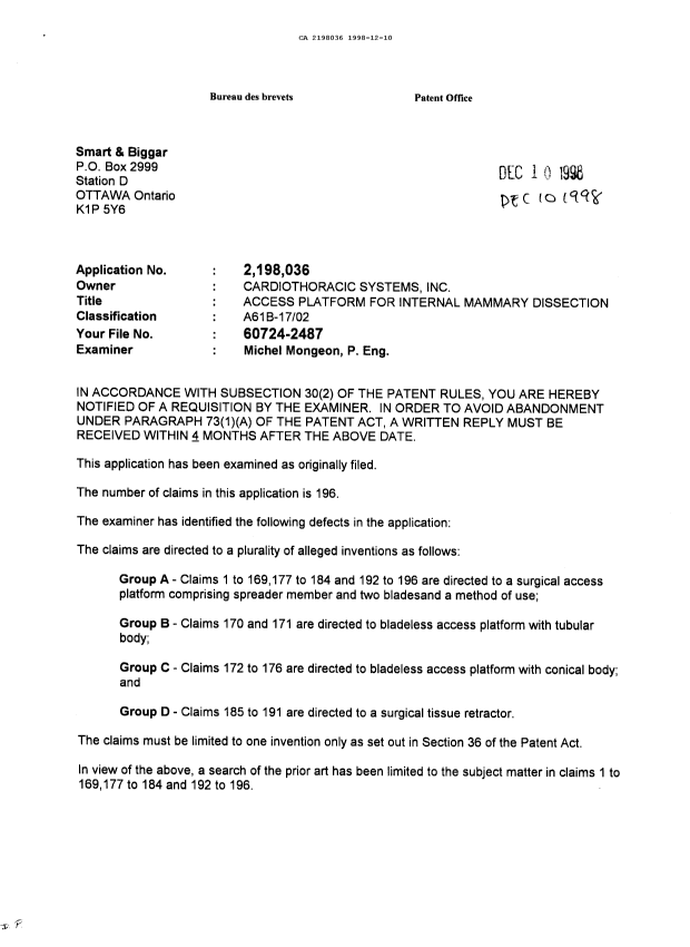 Document de brevet canadien 2198036. Demande d'examen 19981210. Image 1 de 3