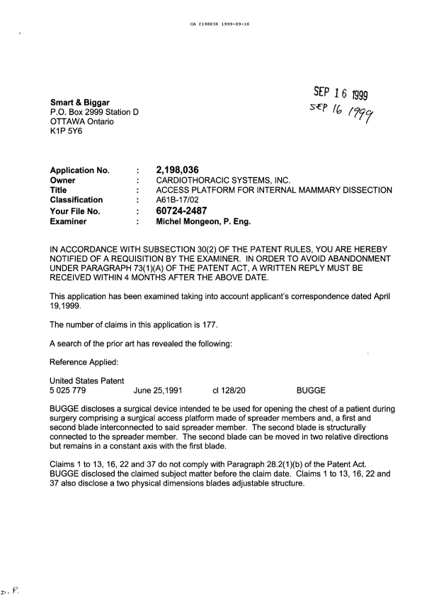Document de brevet canadien 2198036. Demande d'examen 19990916. Image 1 de 2
