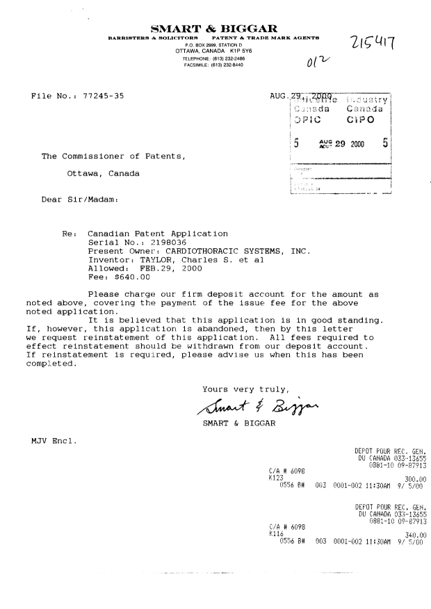 Document de brevet canadien 2198036. Correspondance 20000829. Image 1 de 1