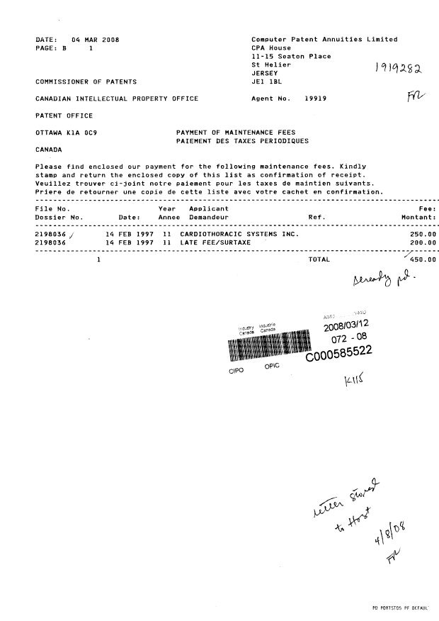 Canadian Patent Document 2198036. Fees 20080312. Image 1 of 1