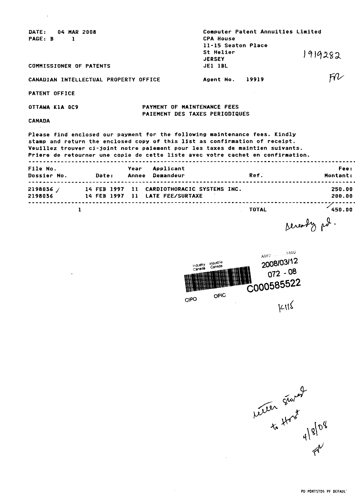 Canadian Patent Document 2198036. Fees 20080312. Image 1 of 1