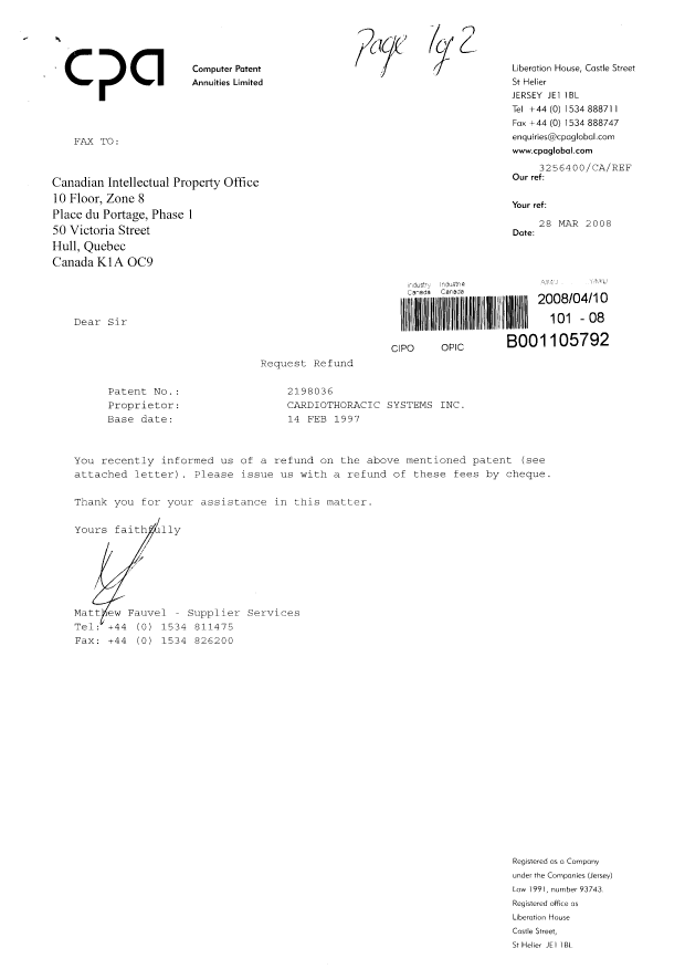 Document de brevet canadien 2198036. Correspondance 20080410. Image 1 de 2