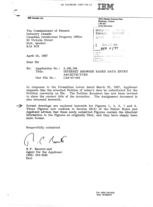 Document de brevet canadien 2198189. Correspondance 19970411. Image 1 de 1