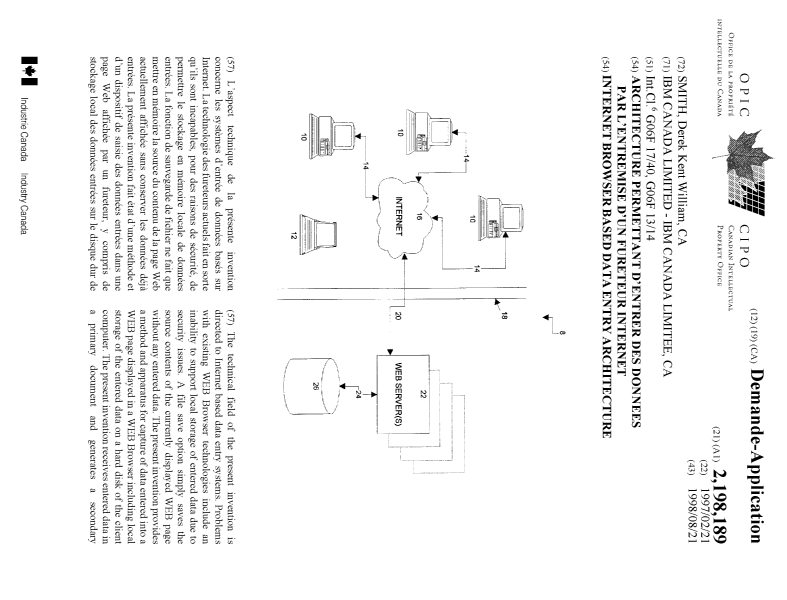Canadian Patent Document 2198189. Cover Page 19991005. Image 1 of 2