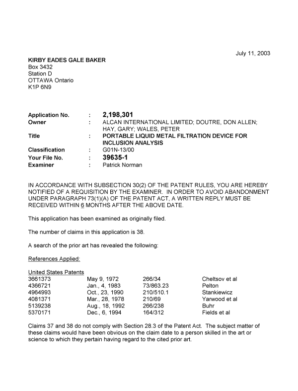 Canadian Patent Document 2198301. Prosecution-Amendment 20030711. Image 1 of 2