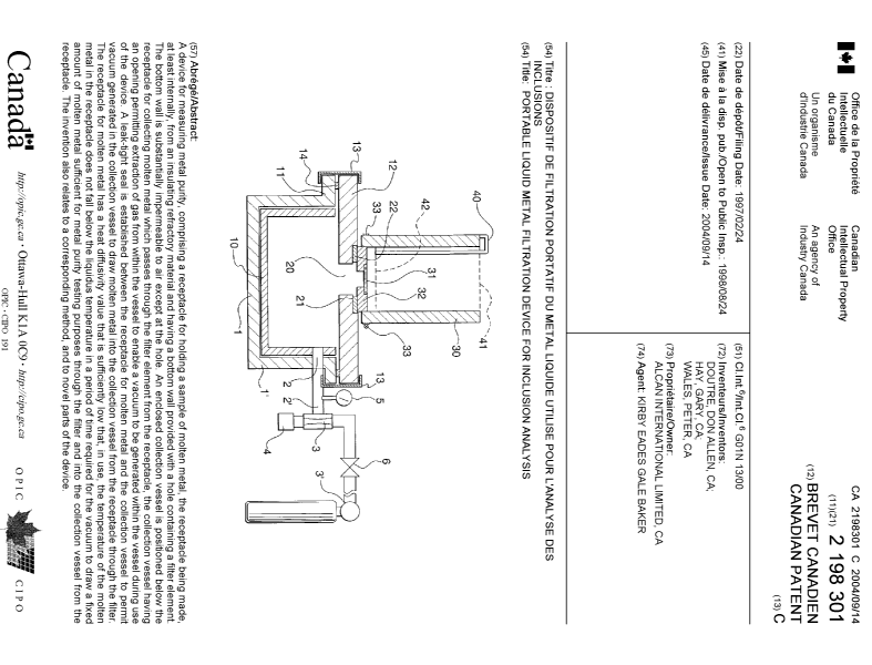 Canadian Patent Document 2198301. Cover Page 20040811. Image 1 of 1